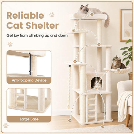Tall Modern Cat Tree with Condo, Perch & Sisal Posts - Beige