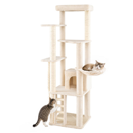Tall Modern Cat Tree with Condo, Perch & Sisal Posts - Beige