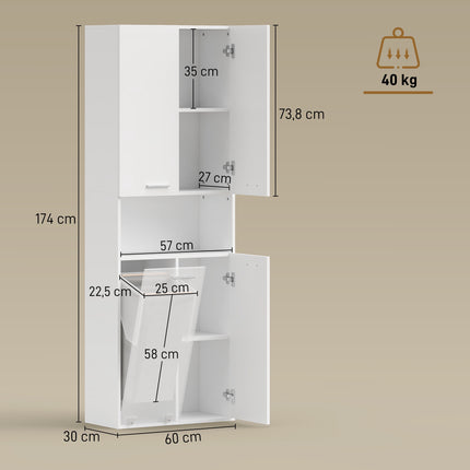 Vysoká bílá koupelnová skříňka s košem na prádlo, 174 cm