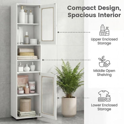 Tall White Bathroom Storage Cabinet with Fluted Doors