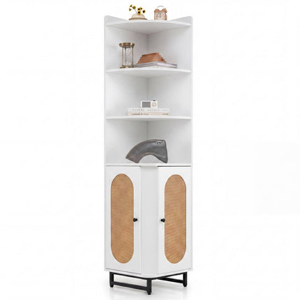 Tall White Corner Cabinet with Rattan Doors and Shelves