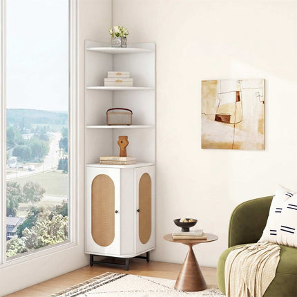 Tall White Corner Cabinet with Rattan Doors and Shelves