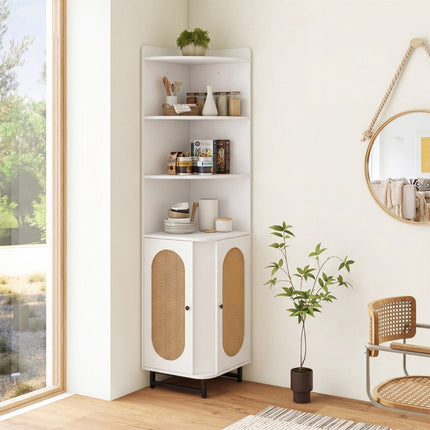 Tall White Corner Cabinet with Rattan Doors and Shelves