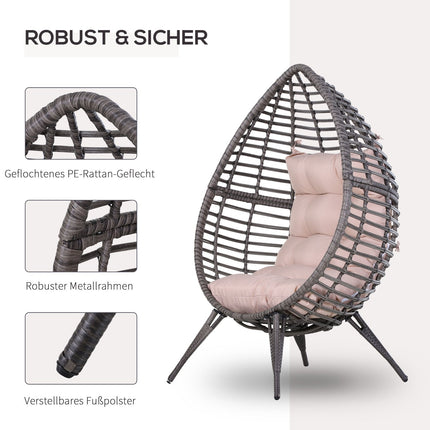 Vyvýšené kapkovité ratanové zahradní křeslo s polštářem, ocelově šedá