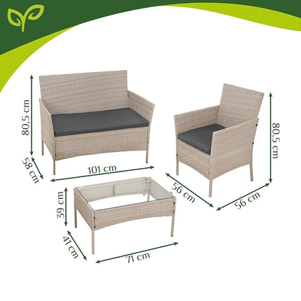 Technorattan Garden Furniture Set with Sofa and 2 Armchairs, Glass Table, Beige