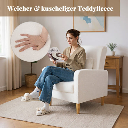 Relaxační křeslo z teddy látky s bederním polštářem, dřevěné nohy, béžové