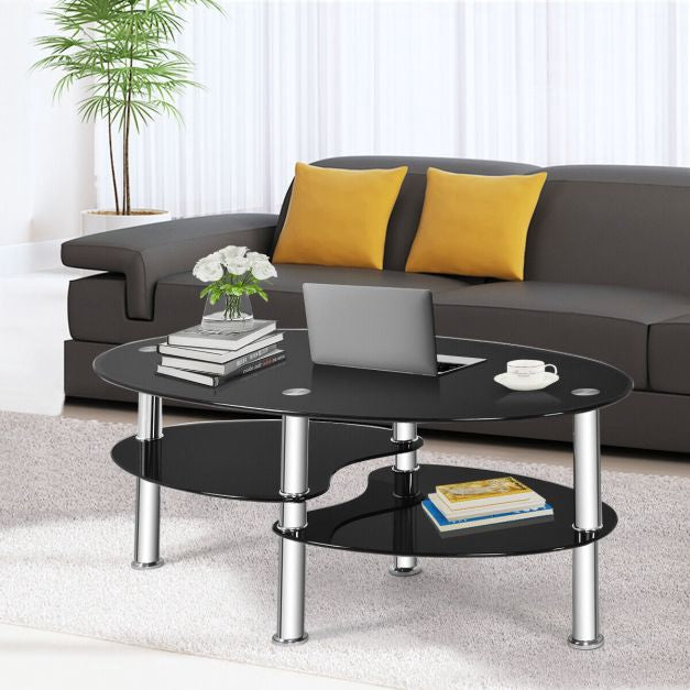 Couchtisch aus gehärtetem Glas, 3-stöckig, oval, schwarz