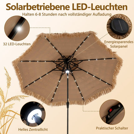 Tiki Straw Umbrella with Solar LED Lights, 313 cm