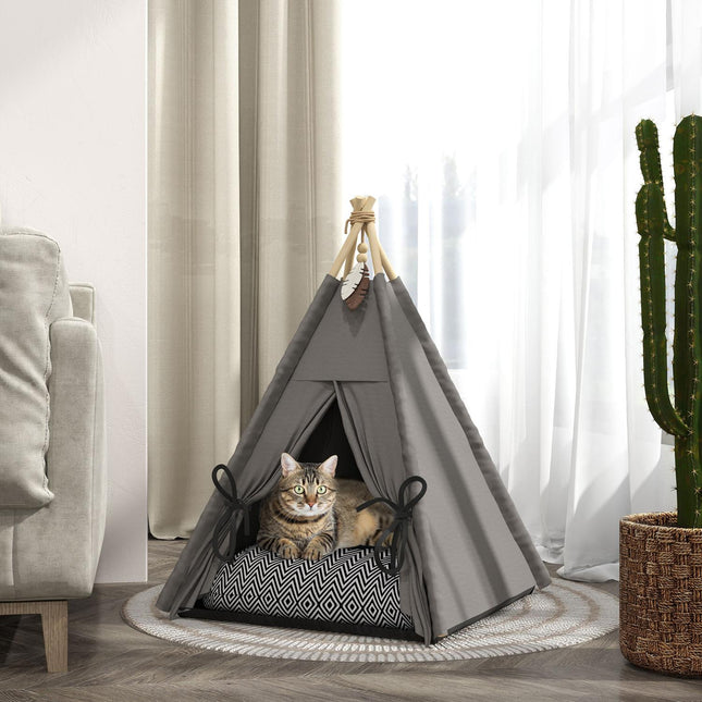 Tipi tent voor huisdieren, kattentent met afneembare en wasbare kussens, kattenhuis met antislipbodem, speelbal, voor katten onder de 5 kg, minihonden, 60 x 60 x 76 cm, grijs