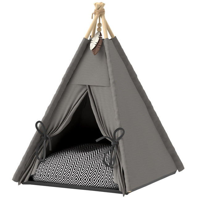 Tipi tent voor huisdieren, kattentent met afneembare en wasbare kussens, kattenhuis met antislipbodem, speelbal, voor katten onder de 5 kg, minihonden, 60 x 60 x 76 cm, grijs