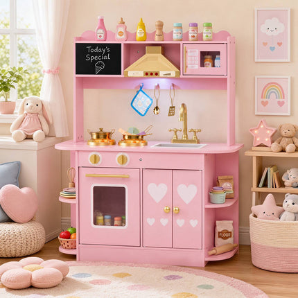 Toddler Play Kitchen with Stove, Oven and Range Hood Lights, Pink, Ages 3+