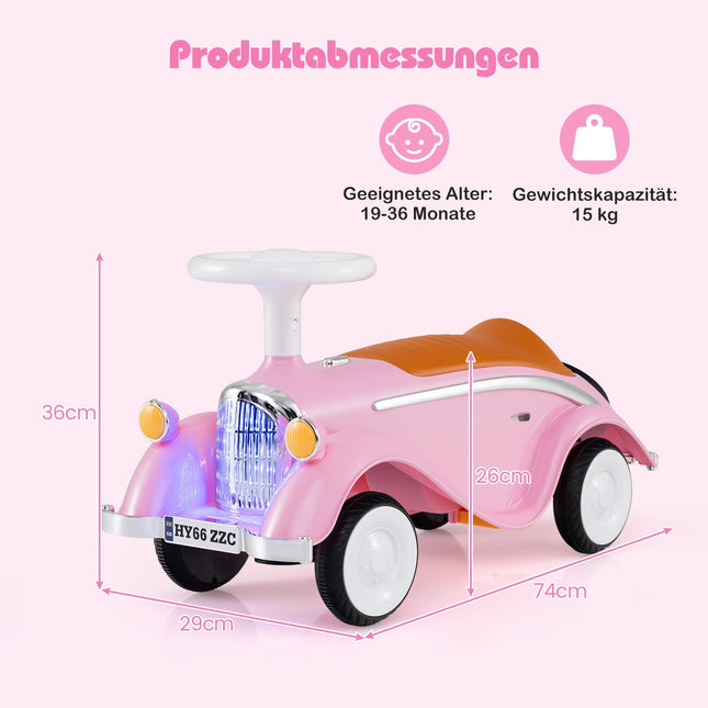 Toddler Ride-On Car with Horn, LED Lights, Storage, Pink
