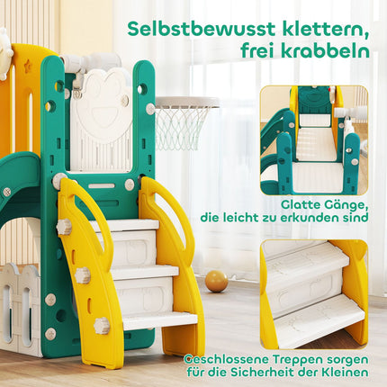 Dětská skluzavka a houpačka s basketbalovým košem, žlutá/zelená