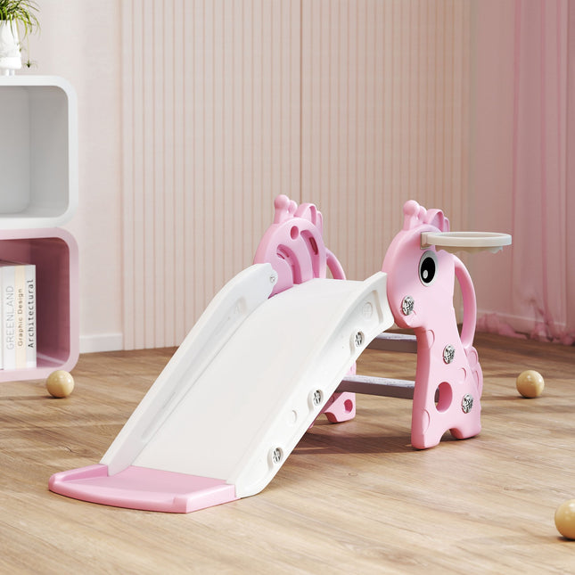Toddler Slide with Basketball Hoop, Giraffe Design, Pink