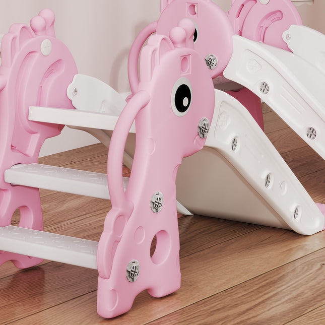 Toddler Slide with Basketball Hoop, Giraffe Design, Pink