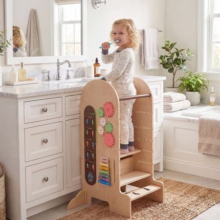 Toddler Standing Tower with Adjustable Height and Chalkboard