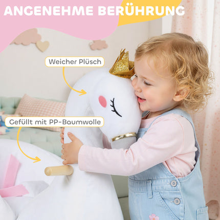 Dětská houpací labuť s ukolébavkou, měkkou výplní, dřevěný rám