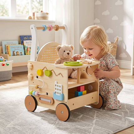 Toddler Wooden Push Walker with Activity Center and Storage