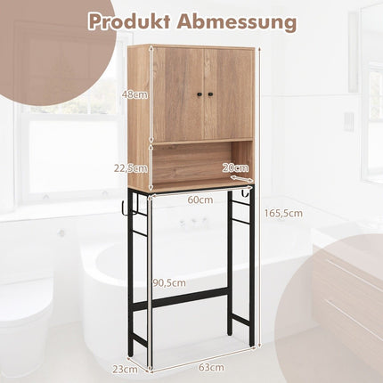 Skříňka nad WC volně stojící police nad WC se 2 dvířky a 2 háčky 63 x 23 x 165.5 cm přírodní