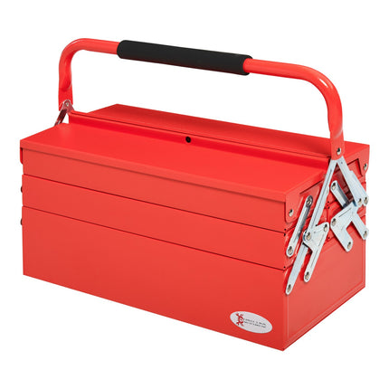 Space-saving steel toolbox with 5 compartments, red