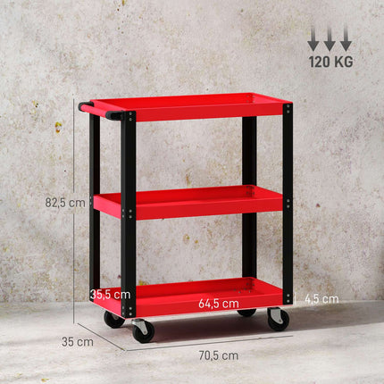 Dílenský vozík, 3 patra, kovový rám, nosnost 120kg, červený