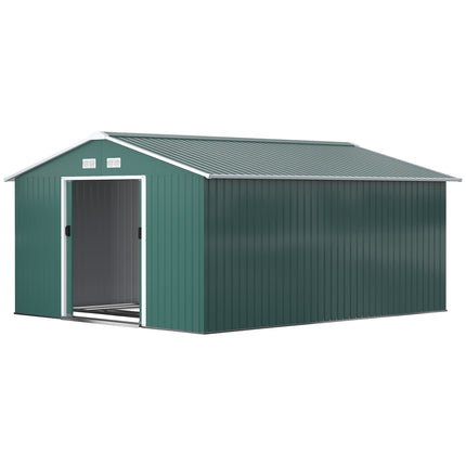 Zahradní domek z tmavě zelené pozinkované oceli, 12.4 m², odolný povětrnosti