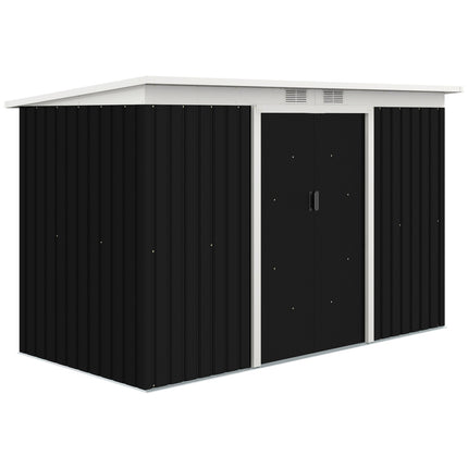 Outdoor tool shed in steel with sliding door, ventilation window