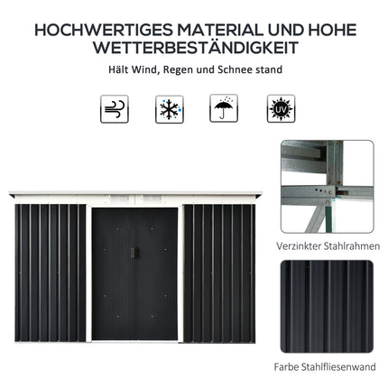 Outdoor tool shed in steel with sliding door, ventilation window