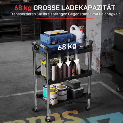 Dílenský vozík, skládací 3patrový vozík na nářadí, plast, ocel, černý