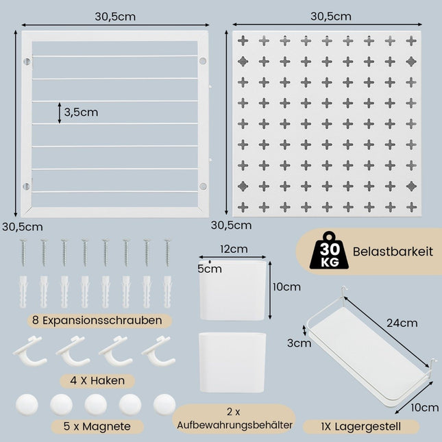 Nástěnný panel na nářadí se 2 úložnými boxy a 1 úložným stojanem a 5 magnety a 4 háčky děrovaná stěna