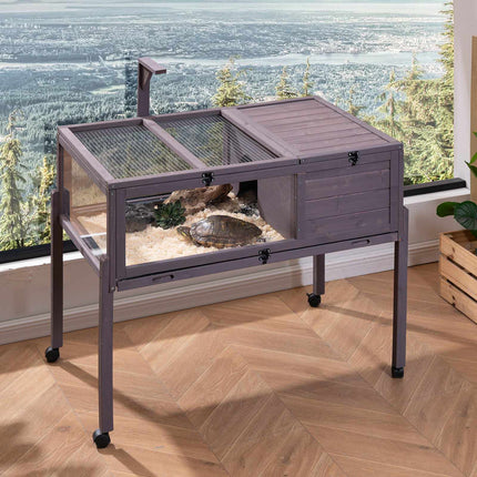Tortoise Habitat, Cedar Wood Enclosure with Wheels, Light Stand