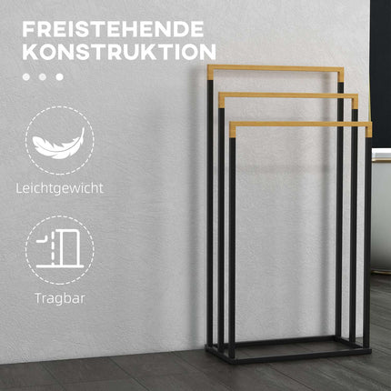 Black 3-bar towel rack - steel and bamboo holder