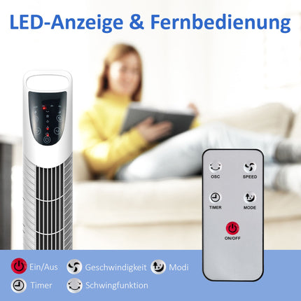 Sloupový ventilátor, 3 režimy, tichý provoz, časovač, dálkový ovladač, bílá