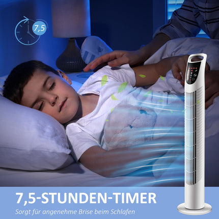 Sloupový ventilátor, 3 režimy, tichý provoz, časovač, dálkový ovladač, bílá