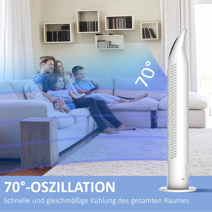 Sloupový ventilátor, 3 režimy, tichý provoz, časovač, dálkový ovladač, bílá