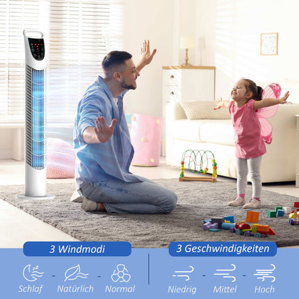Sloupový ventilátor, 3 režimy, tichý provoz, časovač, dálkový ovladač, bílá