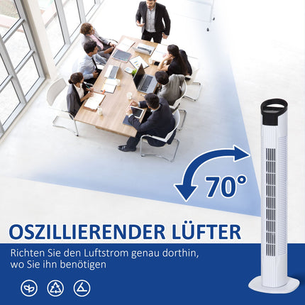 Sloupový ventilátor se 70° oscilací, 78.5 cm, 50W výkon, 3 rychlosti, bílá
