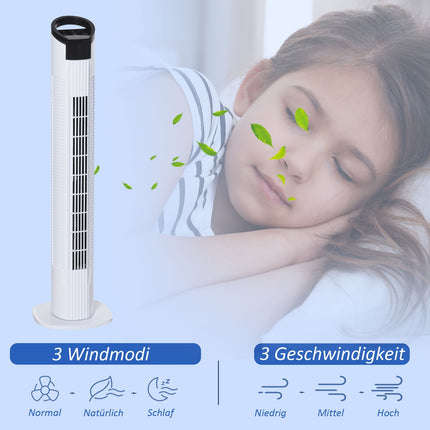 Sloupový ventilátor se 70° oscilací, 78.5 cm, 50W výkon, 3 rychlosti, bílá