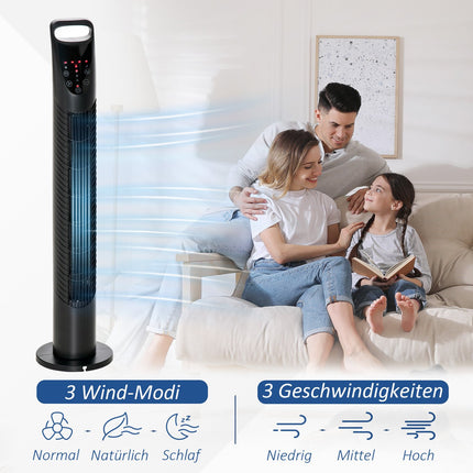 Tichý sloupový ventilátor - 3 rychlosti, dálkové ovládání, oscilační, černý