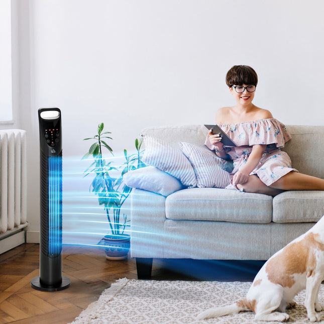 Tichý sloupový ventilátor - 3 rychlosti, dálkové ovládání, oscilační, černý