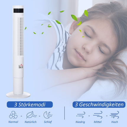 Sloupový ventilátor s dálkovým ovladačem, 85° oscilace, 3 rychlosti, bílá