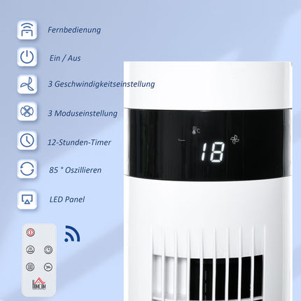 Sloupový ventilátor s dálkovým ovladačem, 85° oscilace, 3 rychlosti, bílá