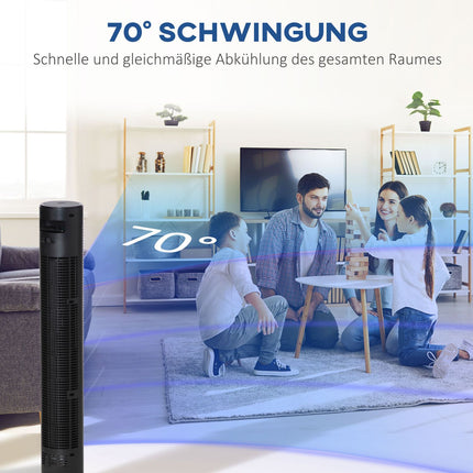 Sloupový ventilátor s dálkovým ovladačem, 70° oscilace, časovač, černá