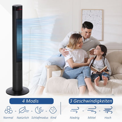Sloupový ventilátor s dálkovým ovladačem, 70° oscilace, časovač, černá