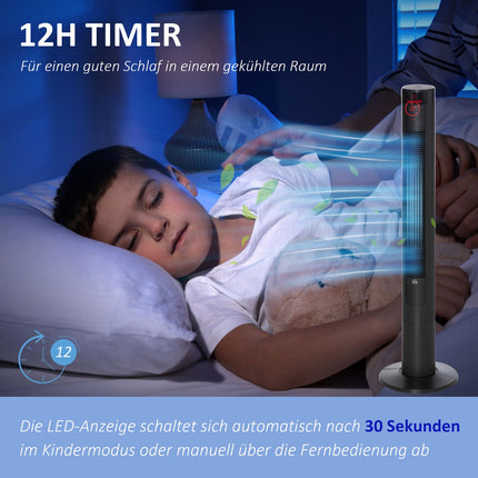 Sloupový ventilátor s dálkovým ovladačem, 70° oscilace, časovač, černá