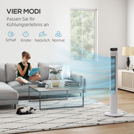 Sloupový ventilátor - 3 rychlosti, dálkový ovladač, časovač, 70° oscilace, bílá