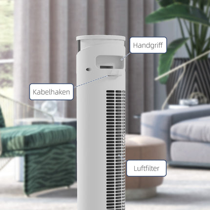 Sloupový ventilátor - 3 rychlosti, dálkový ovladač, časovač, 70° oscilace, bílá