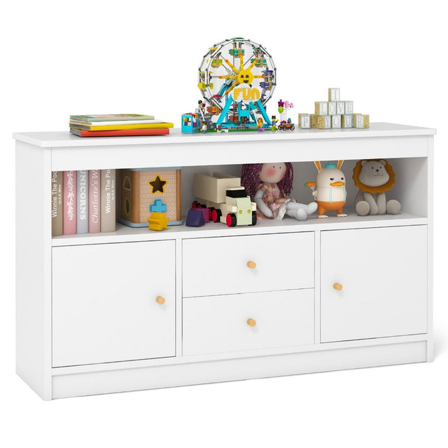 Spielzeugschrank Kinder Kinderregal aus Holz Kinderschrank mit 2 Schubladen und 2 Türen 106 x 30 x 62 cm Weiß