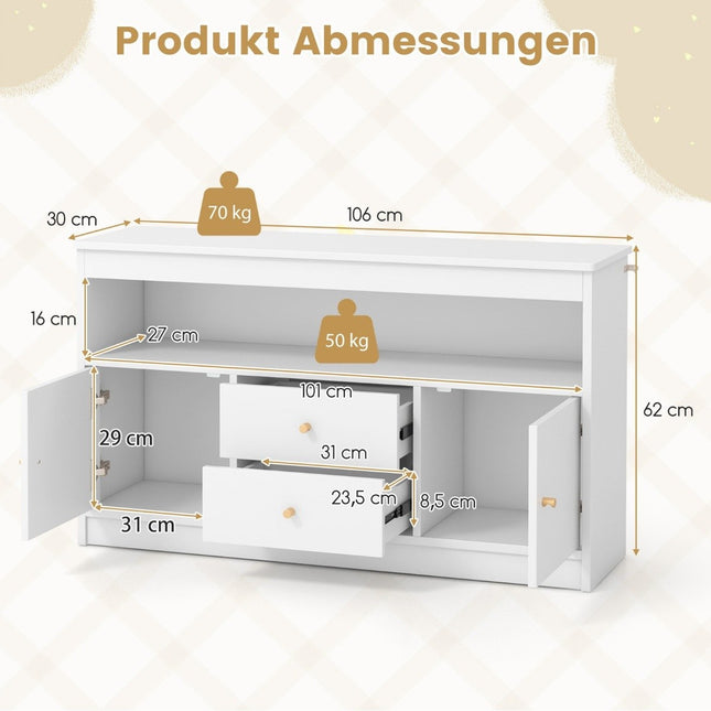 Spielzeugschrank Kinder Kinderregal aus Holz Kinderschrank mit 2 Schubladen und 2 Türen 106 x 30 x 62 cm Weiß