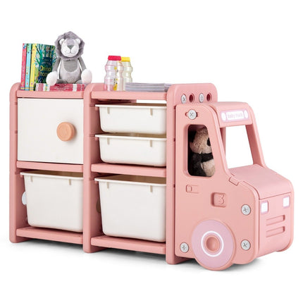 Regál na hračky 2 úrovně dětský regál se zásuvkami a úložnými boxy 110 x 32 x 66 cm růžová
